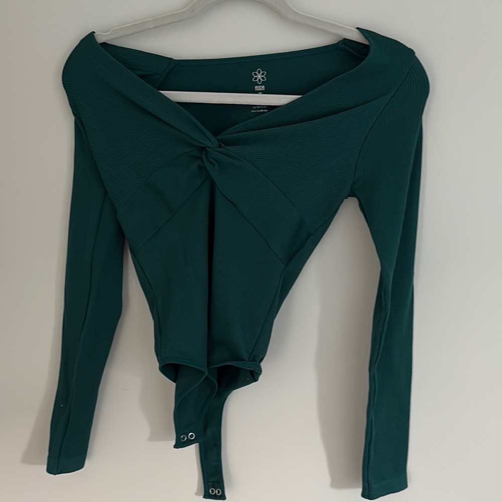 Aura Green Tie Front Fitted Bodysuit with Sailor Collar